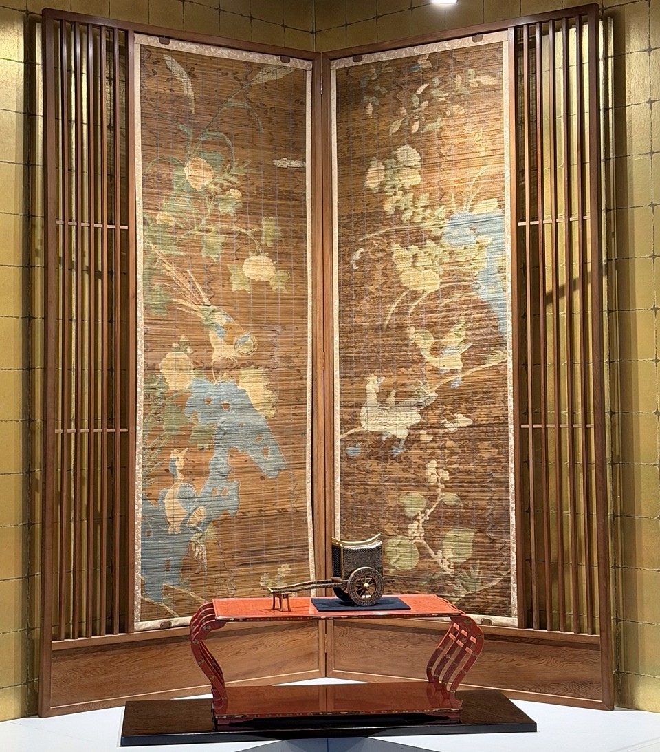 康熙年　花鳥図紋竹簾　一対